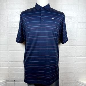 Callaway Opti-Dri Polo Shirt Men Large Navy Blue Striped Golf Performance Summer
